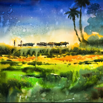 Painting titled "returning home XV" by Subhajit Paul, Original Artwork, Watercolor