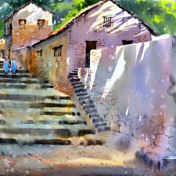 Painting titled "Shady Stairs 2" by Subhajit Paul, Original Artwork, Watercolor