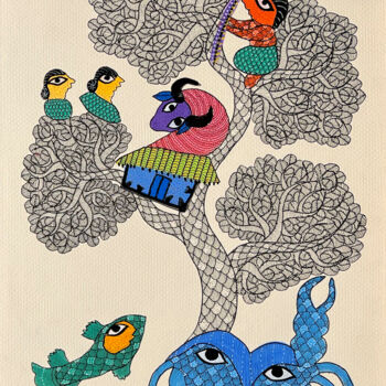 Painting titled "Tree climbing" by Subhash Vyam, Original Artwork, Acrylic