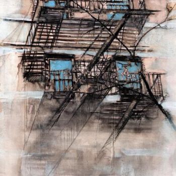 Painting titled "Escalier de secours…" by Catherine Suchocka, Original Artwork, Other