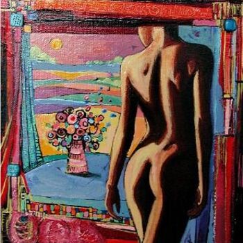 Peinture intitulée "Elle et un bouquet" par Catherine Suchocka, Œuvre d'art originale