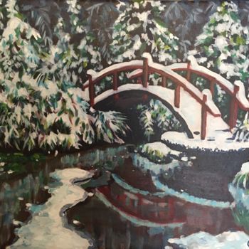 Painting titled "red bridge" by Denis Sudarikov, Original Artwork, Acrylic Mounted on Wood Stretcher frame