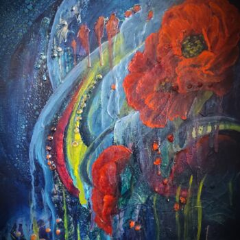 Painting titled "Where Wild Roses Gr…" by Sue Lorenz, Original Artwork, Oil Mounted on Wood Stretcher frame