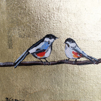 Schilderij getiteld "Chickadees Sparrow…" door Viktoria Sukhanova, Origineel Kunstwerk, Olie