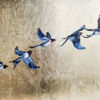 Painting titled "Swallow Martin Bird…" by Viktoria Sukhanova, Original Artwork, Oil Mounted on Wood Stretcher frame