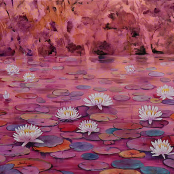Картина под названием "Lotus pond" - Sulakshana Dharmadhikari, Подлинное произведение искусства, Масло