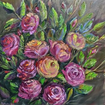 Painting titled "Roses 2." by Sulamita, Original Artwork, Oil Mounted on Wood Stretcher frame