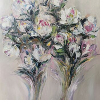 Painting titled "Beautiful flowers." by Sulamita, Original Artwork, Oil Mounted on Wood Stretcher frame