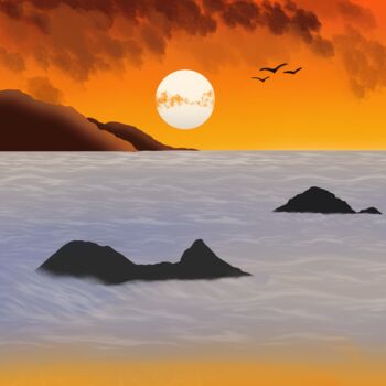 Digital Arts titled "Sunset by the beach" by Sumit Ratta, Original Artwork, Digital Painting