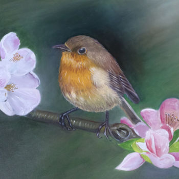 Картина под названием "Bird with Flowers" - Sumithran, Подлинное произведение искусства, Акрил