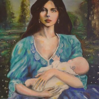 Painting titled "Mother" by Sunao F, Original Artwork, Oil Mounted on Wood Stretcher frame