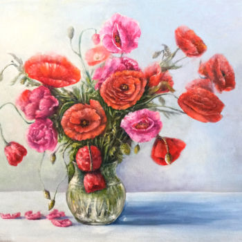 Painting titled "Poppies flowers oil…" by Natalja Picugina, Original Artwork, Oil
