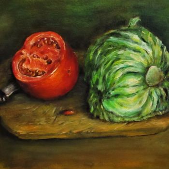 Картина под названием "Tomato and Cabbage…" - Natalja Picugina, Подлинное произведение искусства, Масло