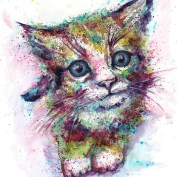 Картина под названием "Kitten abstract wat…" - Natalja Picugina, Подлинное произведение искусства, Акварель
