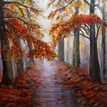 Painting titled "Autumn road. Fall t…" by Natalja Picugina, Original Artwork, Acrylic