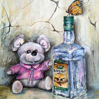 Painting titled "Wine bottle Toy.Ins…" by Natalja Picugina, Original Artwork, Acrylic