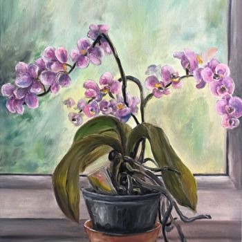 Malerei mit dem Titel "Orchid flower on th…" von Natalja Picugina, Original-Kunstwerk, Öl