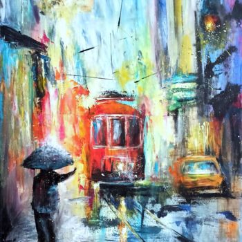 Peinture intitulée "Rain.Cars.Umbrella.…" par Natalja Picugina, Œuvre d'art originale, Acrylique