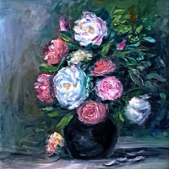 Peinture intitulée "Roses vase bouquet…" par Natalja Picugina, Œuvre d'art originale, Huile