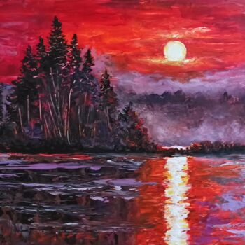 Ζωγραφική με τίτλο "Sunset River reflec…" από Natalja Picugina, Αυθεντικά έργα τέχνης, Ακρυλικό