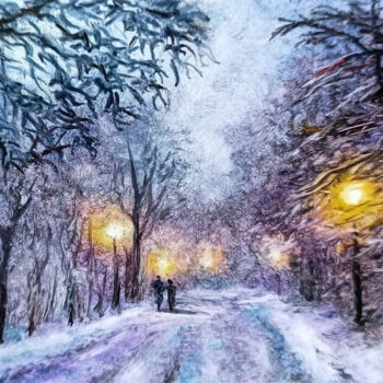 Картина под названием "Winter night walk t…" - Natalja Picugina, Подлинное произведение искусства, Масло