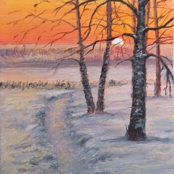 Malerei mit dem Titel "Winter snow sunset…" von Natalja Picugina, Original-Kunstwerk, Öl