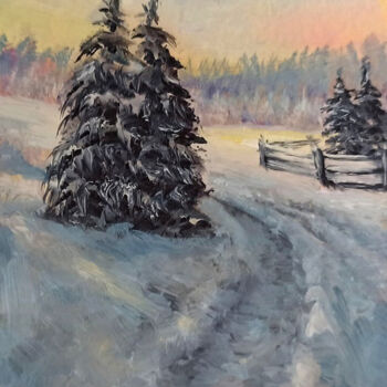 Pintura intitulada "Winter road miniatu…" por Natalja Picugina, Obras de arte originais, Óleo