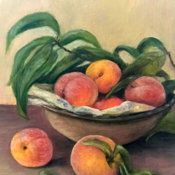 Schilderij getiteld "Peaches in the bowl…" door Natalja Picugina, Origineel Kunstwerk, Olie