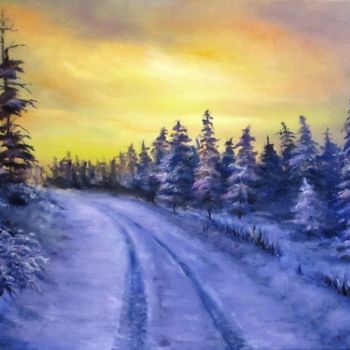 Pittura intitolato "Winter sunset road…" da Natalja Picugina, Opera d'arte originale, Olio