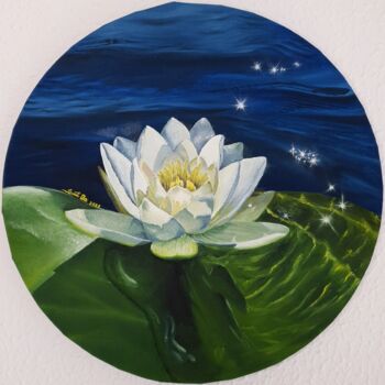 Painting titled "River lily." by Suntola, Original Artwork, Oil Mounted on Wood Stretcher frame