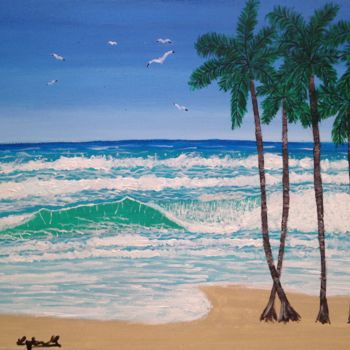 Painting titled "Vagues et palmiers" by Sunwoo Ji, Original Artwork, Acrylic