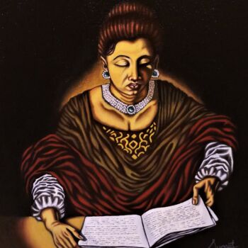 Painting titled "Lady Reading A Book" by Surajit Purkait, Original Artwork, Oil Mounted on Wood Stretcher frame