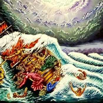 Pintura intitulada "The Storm In The Sea" por Surajit Purkait, Obras de arte originais, Acrílico Montado em Armação em madei…