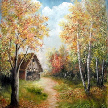 Painting titled "La vieille grange" by Gérard Jéhin, Original Artwork, Oil Mounted on Wood Stretcher frame