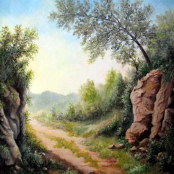 Painting titled "Au bout du chemin" by Gérard Jéhin, Original Artwork, Oil Mounted on Wood Stretcher frame