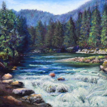 Painting titled "Rushing Waters" by Susan Frances Johnson, Original Artwork, Pastel
