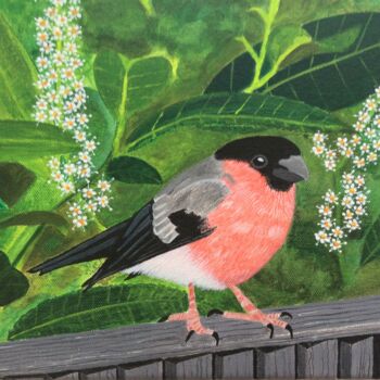 Painting titled "Bullfinch and Laure…" by Susan J Green, Original Artwork, Acrylic Mounted on Wood Stretcher frame