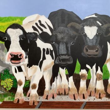 Painting titled "Young cows at a cat…" by Susan J Green, Original Artwork, Acrylic Mounted on Wood Stretcher frame