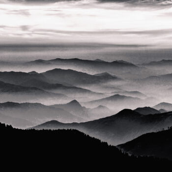 Digital Arts titled "Misty Mountain Noir" by Susan Maxwell Schmidt, Original Artwork, Digital Painting