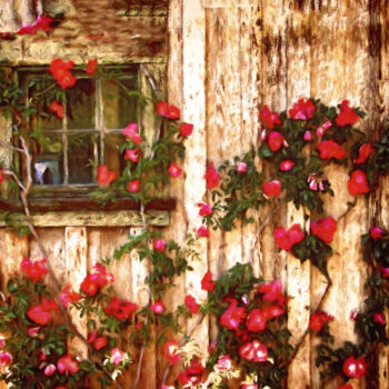 Digital Arts titled "Shed with Red Climb…" by Susan Maxwell Schmidt, Original Artwork, Digital Painting