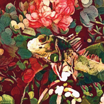 Arte digital titulada "Iguana in the Flowe…" por Susan Maxwell Schmidt, Obra de arte original, Pintura Digital