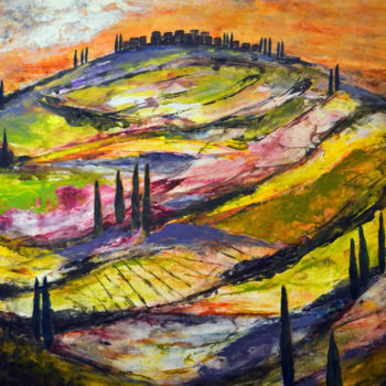 Painting titled "Sunset hilltop vill…" by Susan Monk, Original Artwork, Acrylic