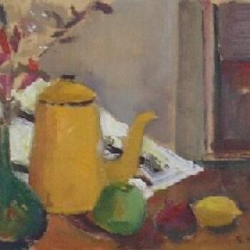 Painting titled "Cafetera amarilla" by Susana Saporiti, Original Artwork, Oil