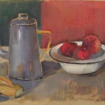 Painting titled "Cafetera de aluminio" by Susana Saporiti, Original Artwork, Oil