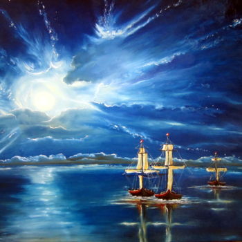 Peinture intitulée "Boats in the Moonli…" par Susanart, Œuvre d'art originale, Huile