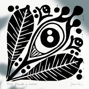 Gravures & estampes intitulée "Occhio e foglie" par Susi Lee, Œuvre d'art originale, Linogravures