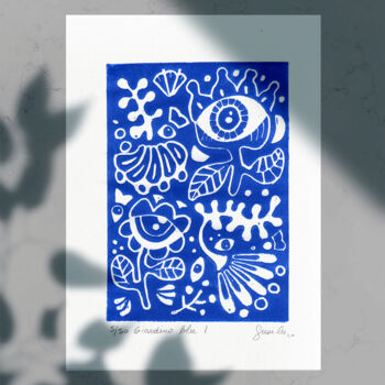 Printmaking titled "Giardino Blu I" by Susi Lee, Original Artwork, Linocuts