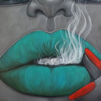 Malerei mit dem Titel "lady with green lips" von Ta Byrne, Original-Kunstwerk, Öl
