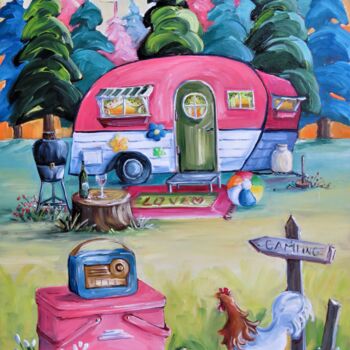 Painting titled "La poule en camping" by Suzanne Claveau, Original Artwork, Oil Mounted on Wood Stretcher frame