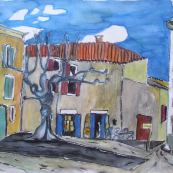 Malerei mit dem Titel "Café in Lagnes" von Suzanne Piesk, Original-Kunstwerk, Aquarell